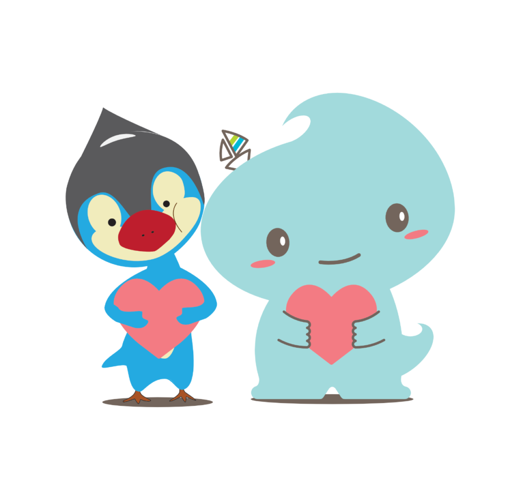 はーぶくんとスカリンが並んでハートを持っています